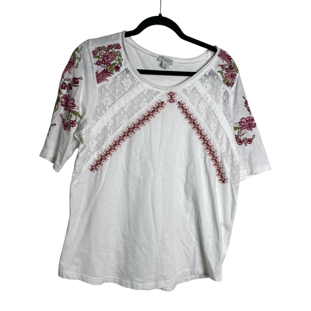 Sundance Floral Embroidered Floral Crochet Boho Cottage Core Top White Size M